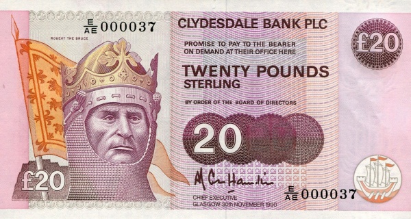 SCOTLAND 20 Pounds 1990 Pick 220 collectible banknote