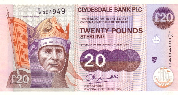 SCOTLAND 20 Pounds 1994 Pick 221 collectible banknote