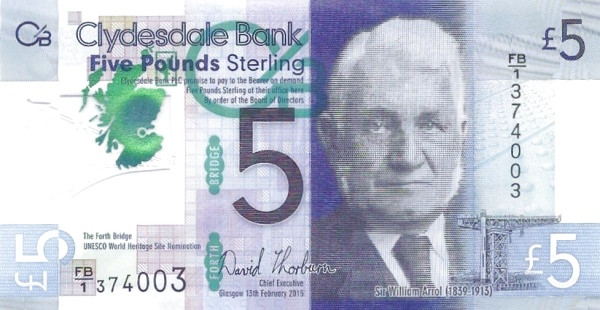 SCOTLAND 5 Pounds 2015 Pick 229N collectible banknote