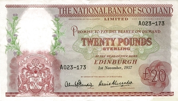 SCOTLAND 20 Pounds 1957 Pick 263 collectible banknote