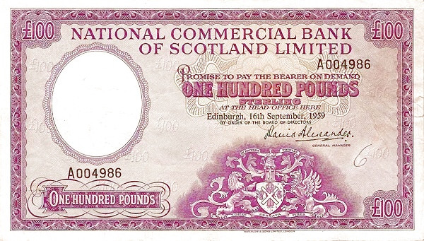 SCOTLAND 100 Pounds 1959 Pick 268 collectible banknote