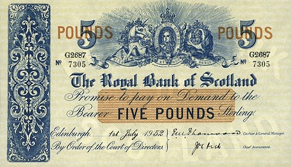 SCOTLAND 5 Pounds 1952 Pick 323 collectible banknote