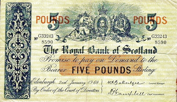 SCOTLAND 5 Pounds 1964 Pick 326 collectible banknote