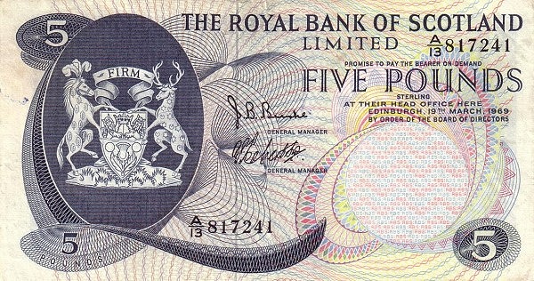 SCOTLAND 5 Pounds 1969 Pick 330 collectible banknote