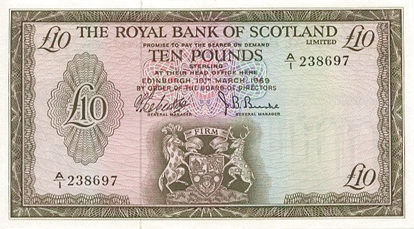 SCOTLAND 10 Pounds 1969 Pick 331 collectible banknote