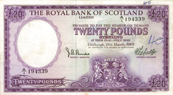 SCOTLAND 20 Pounds 1969 Pick 332 collectible banknote