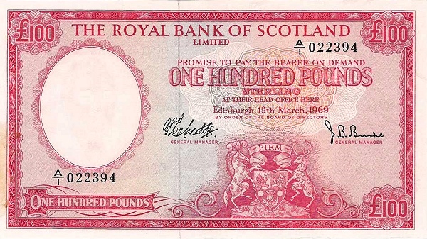 SCOTLAND 100 Pounds 1969 Pick 333 collectible banknote