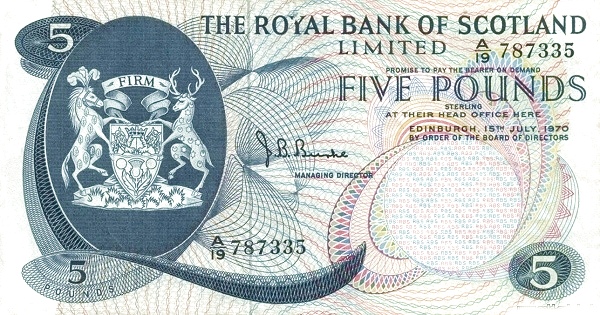 SCOTLAND 5 Pounds 1970 Pick 335 collectible banknote