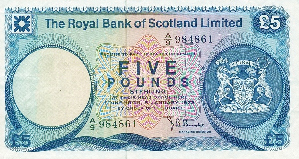 SCOTLAND 5 Pounds 1972 Pick 337 collectible banknote