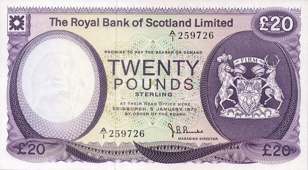 SCOTLAND 20 Pounds 1972 Pick 339 collectible banknote