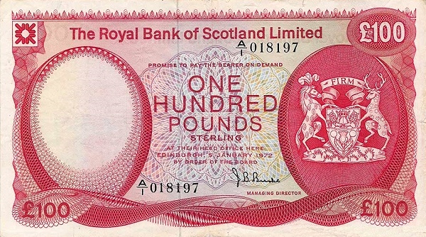 SCOTLAND 100 Pounds 1972 Pick 340 collectible banknote