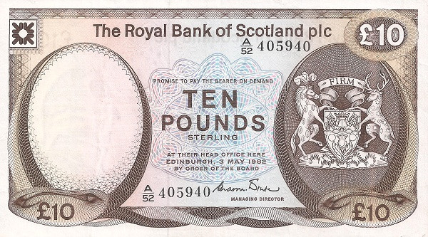 SCOTLAND 10 Pounds 1982 Pick 343 collectible banknote