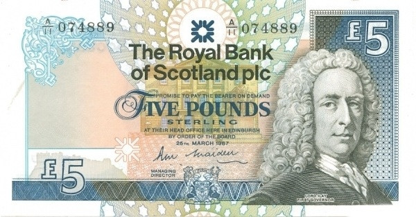 SCOTLAND 5 Pound 1987 Pick 347 collectible banknote