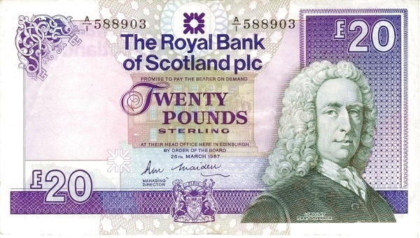 SCOTLAND 20 Pound 1987 Pick 349 collectible banknote
