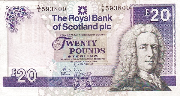 SCOTLAND 20 Pounds 1991 Pick 354 collectible banknote