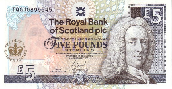 SCOTLAND 5 Pounds 2002 Pick 362 collectible banknote
