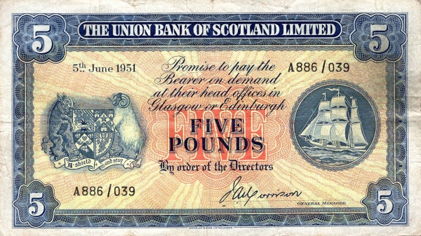 SCOTLAND 5 Pounds 1950 Pick S817 collectible banknote
