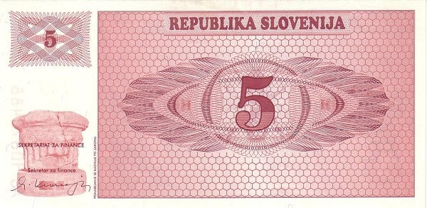 SLOVENIA 5 Tolarjev 1990 Pick 3 collectible banknote
