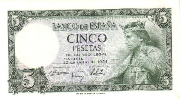 SPAIN 5 Pesetas 1954 Pick 146 collectible banknote