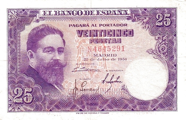 SPAIN 25 Pesetas 1954 Pick 147 collectible banknote
