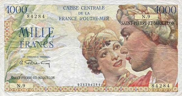 SAINT PIERRE & MIQUELON 1000 Francs 1950 Pick 28 collectible banknote
