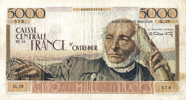 SAINT PIERRE & MIQUELON 5000 Francs 1950 Pick 29 collectible banknote
