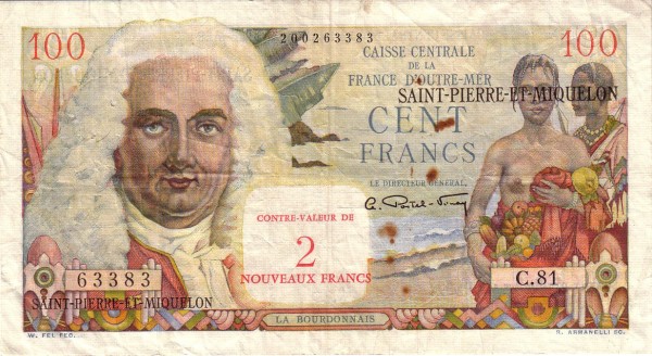 SAINT PIERRE & MIQUELON 2 Nouveaux 1961 Pick 32 collectible banknote