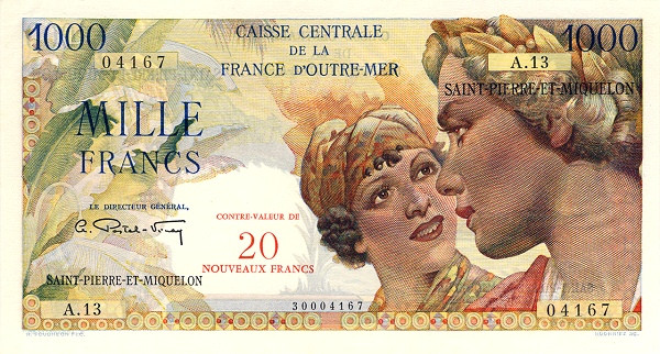 SAINT PIERRE & MIQUELON 20 Nouveaux 1964 Pick 34 collectible banknote