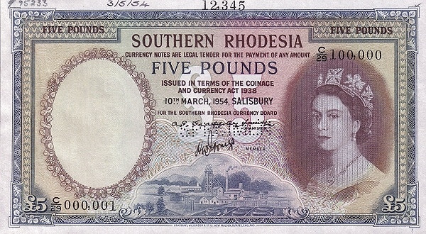 SOUTHERN RHODESIA 5 Pounds 1953 Pick 14 collectible banknote