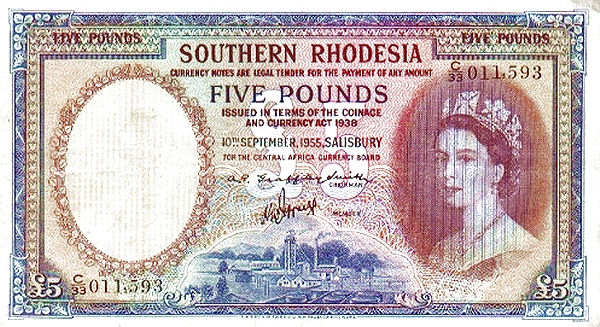 SOUTHERN RHODESIA 5 Pounds 1955 Pick 18 collectible banknote
