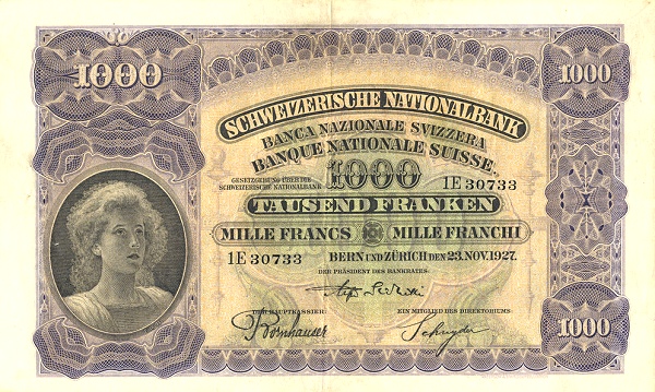 SWITZERLAND 1000 Franken 1955 Pick 37