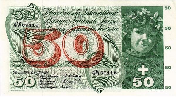 SWITZERLAND 50 Franken 1955 Pick 47 collectible banknote