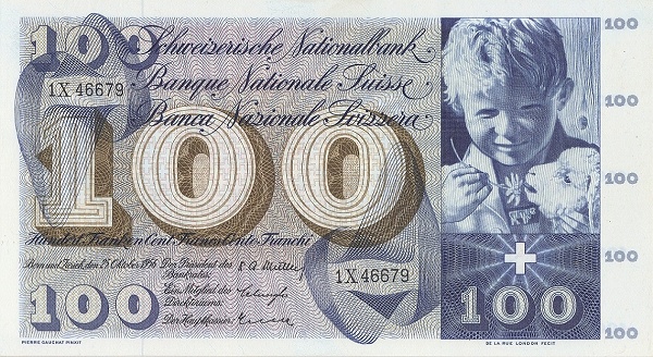 SWITZERLAND 100 Franken 1956 Pick 49 collectible banknote