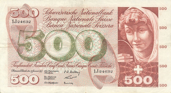 SWITZERLAND 500 Franken 1957 Pick 50 collectible banknote