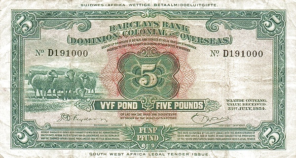 SOUTHWEST AFRICA 5 Pond 1954 Pick 3 collectible banknote