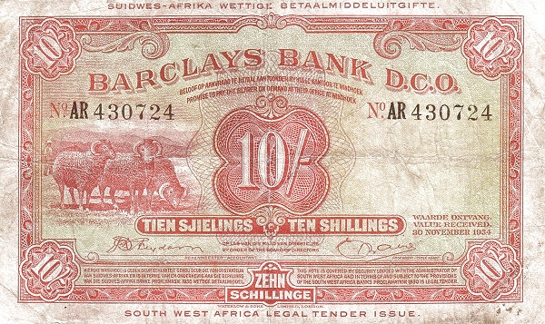 SOUTHWEST AFRICA 10 Sjielings 1954 Pick 4 collectible banknote