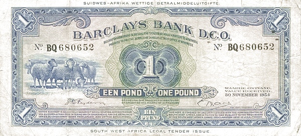 SOUTHWEST AFRICA 1 Pond 1954 Pick 5 collectible banknote