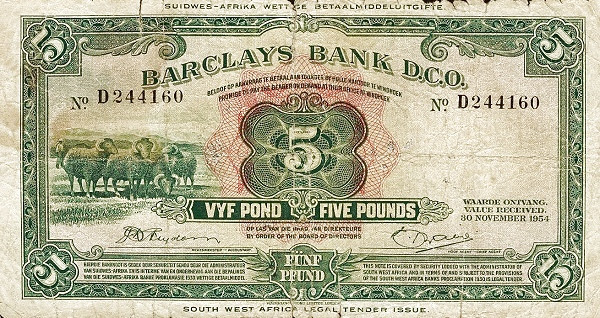 SOUTHWEST AFRICA 5 Pond 1954 Pick 6 collectible banknote