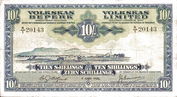 SOUTHWEST AFRICA 10 Sjielings 1958 Pick 13 collectible banknote