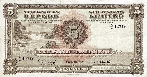 SOUTHWEST AFRICA 5 Pond 1959 Pick 15 collectible banknote