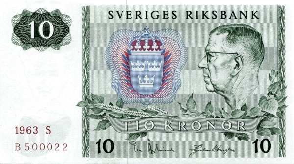 SWEDEN 10 Kronor 1963 Pick 52 collectible banknote