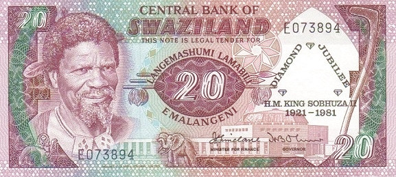 SWAZILAND 20 Emalangeni 1981 Pick 7 collectible banknote