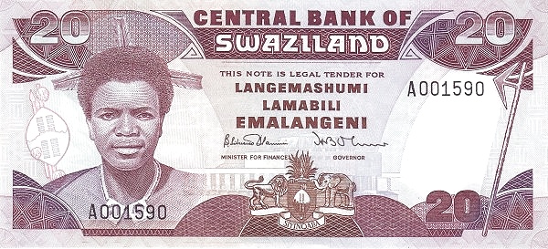 SWAZILAND 20 Emalangeni 1986 Pick 16 collectible banknote