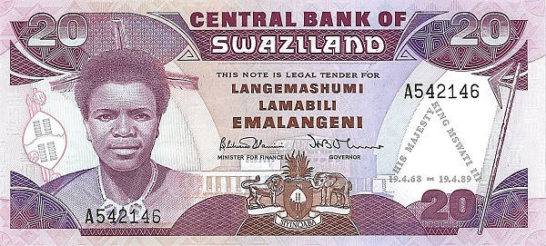 SWAZILAND 20 Emalangeni 1986 Pick 17 collectible banknote