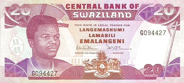 SWAZILAND 20 Emalangeni 1990 Pick 21 collectible banknote