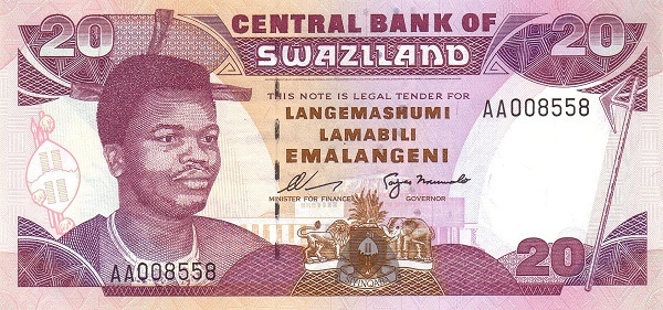 SWAZILAND 20 Emalangeni 1995 Pick 25 collectible banknote
