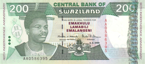 SWAZILAND 200 Emalangeni 1998 Pick 28 collectible banknote
