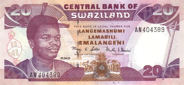 SWAZILAND 20 Emalangeni 2001 Pick 30 collectible banknote