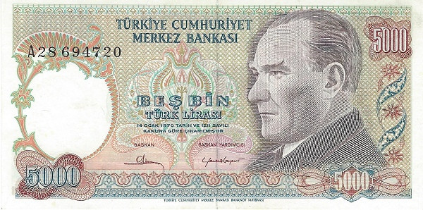 TURKEY 5000 Türk 1970 Pick 196A collectible banknote