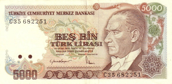 TURKEY 5000 Türk 1970 Pick 197 collectible banknote